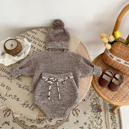 Knitted Baby 3-piece Set shorts jumper and hat
